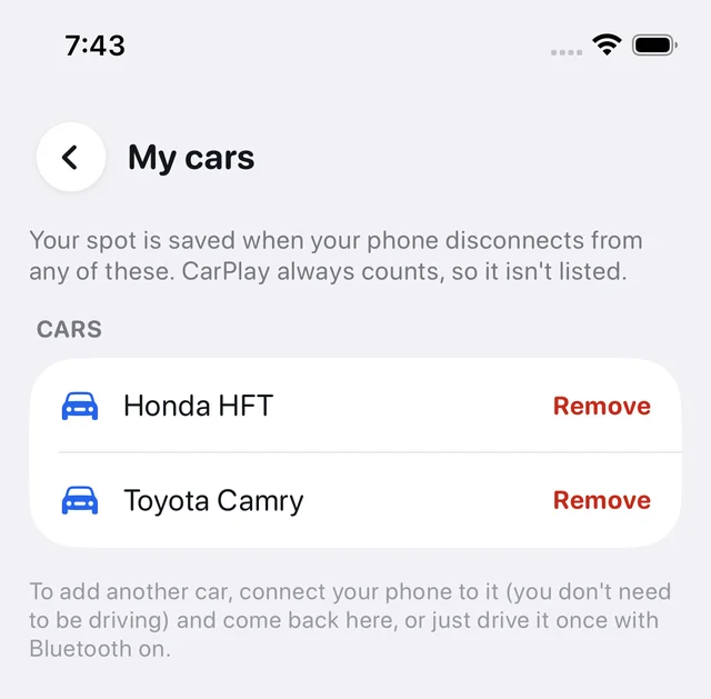 My cars screen listing a Honda and a Toyota Camry, each with a Remove button